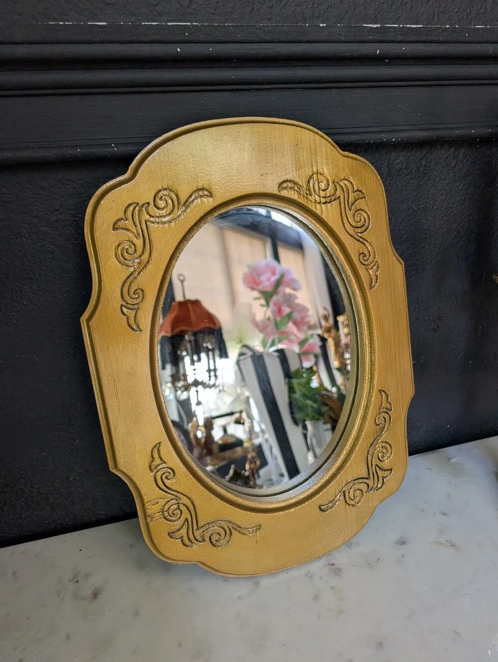 Vintage Gold Leaf Wood Scroll Detail Wall Table Mirror 15